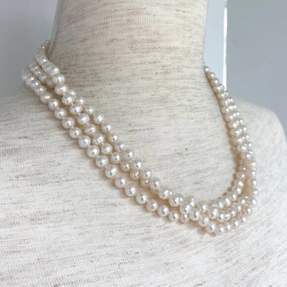 Sterling Silver 925 Layered Beige Baroque Triple Strand Pearl Necklace 18" - 19" - Picture 8 of 16